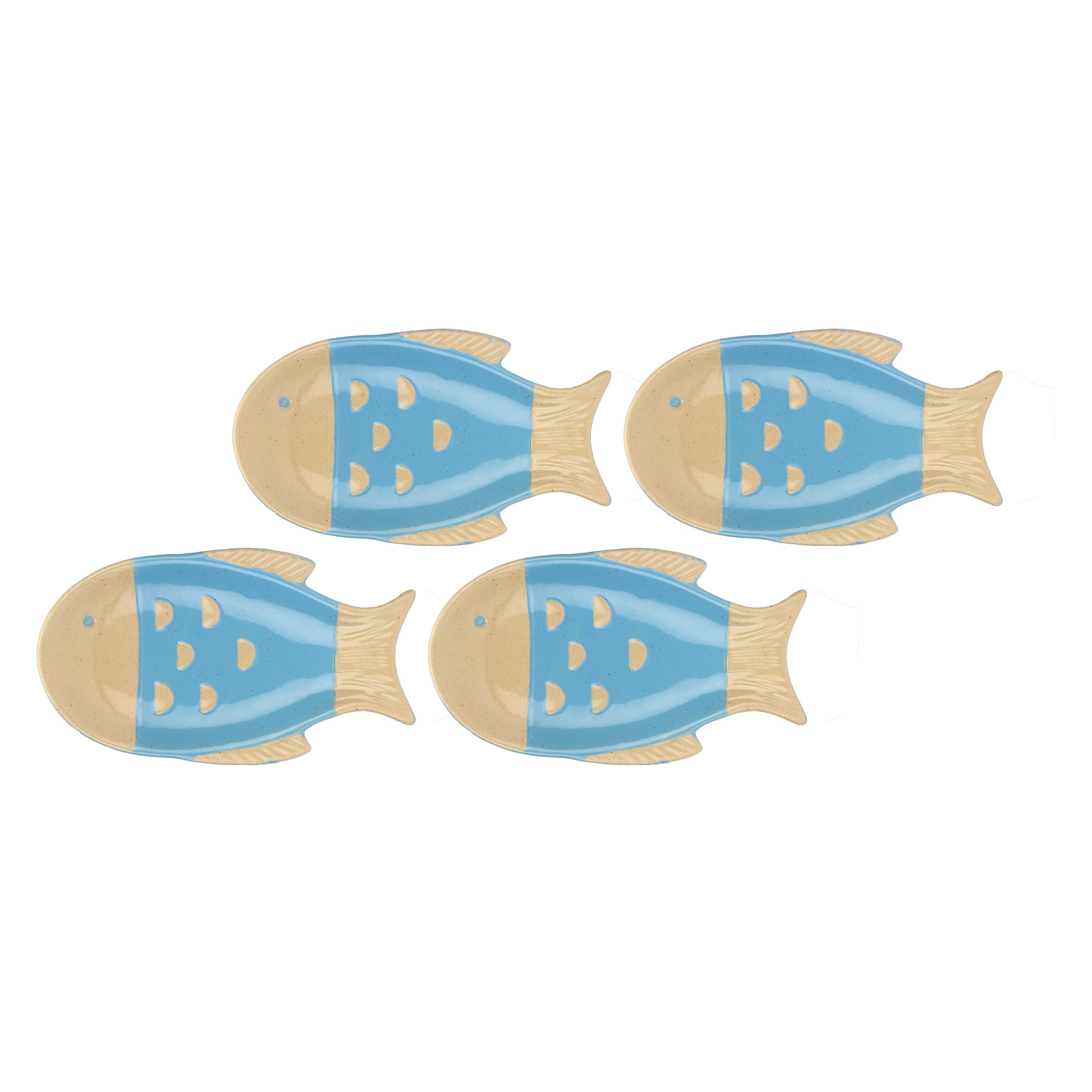 Set da 4, Piatto Pesce Lungo Azzurro, Logicopelagico - Gres, 15,5x7x14h cm