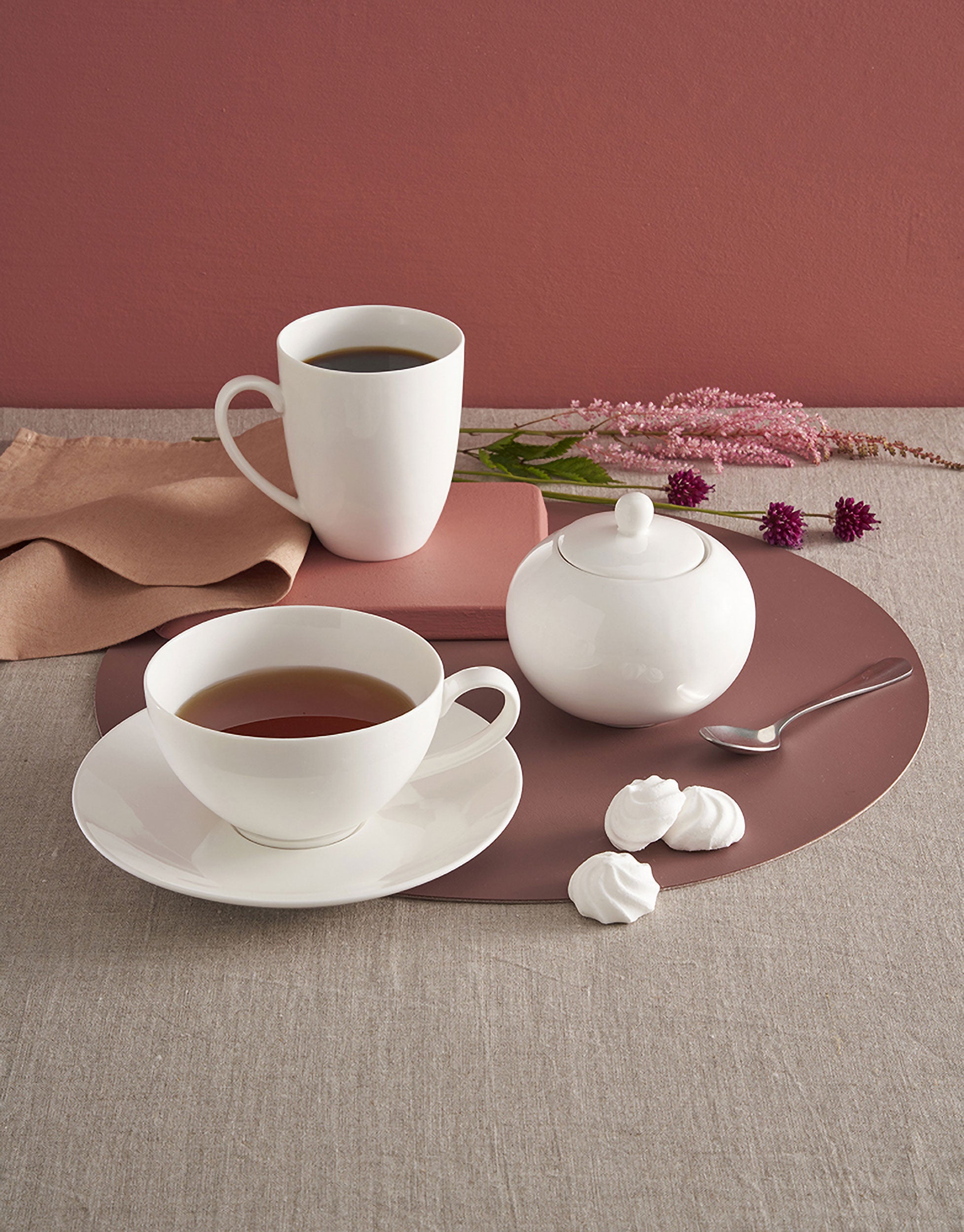 Set da 4, Tazza Colazione con piattino, Essenziale - Bone China, 350 cc