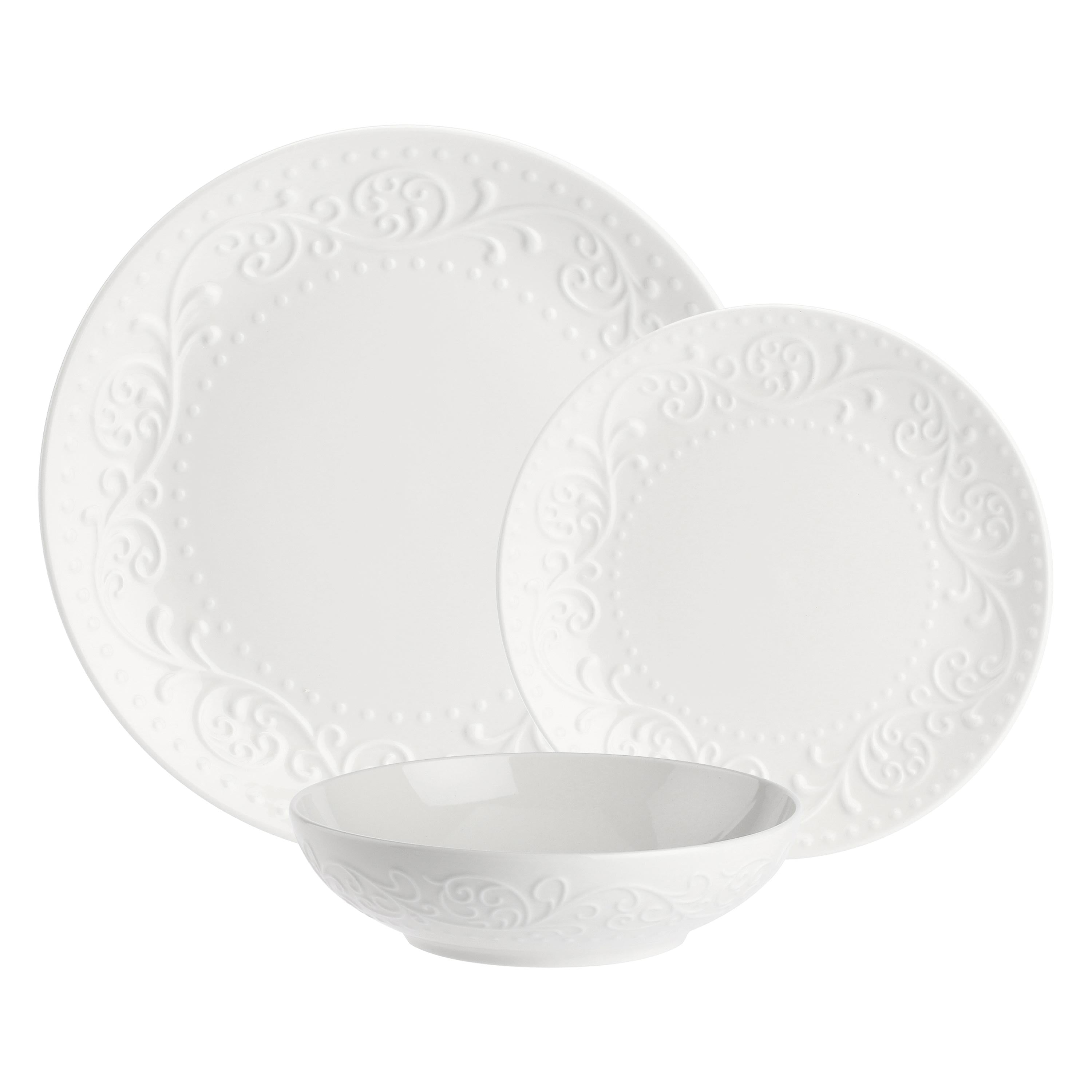 Set 18 pezzi Tavola, Sognante - New Bone China, Piatto Piano 28 cm; Piatto Fondo 20 cm; Piatto Frutta 21 cm