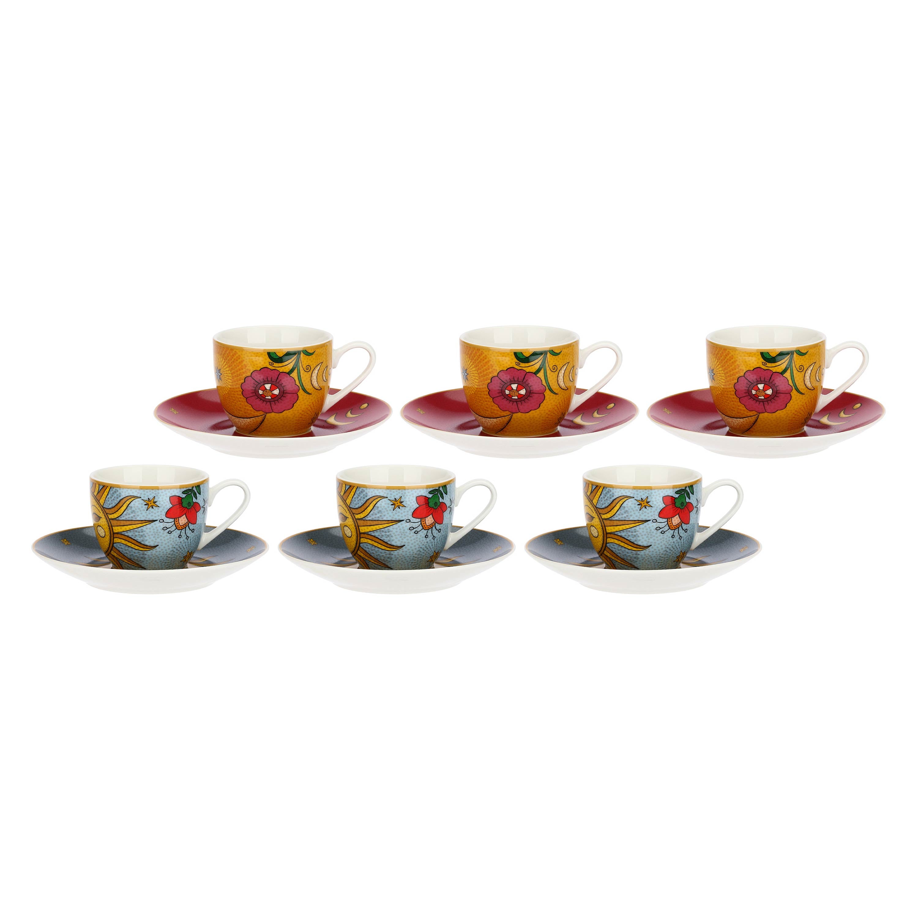 Set 6 Tazzine con piattino Sole e Luna, Mirabilia - Porcellana, 90 ml