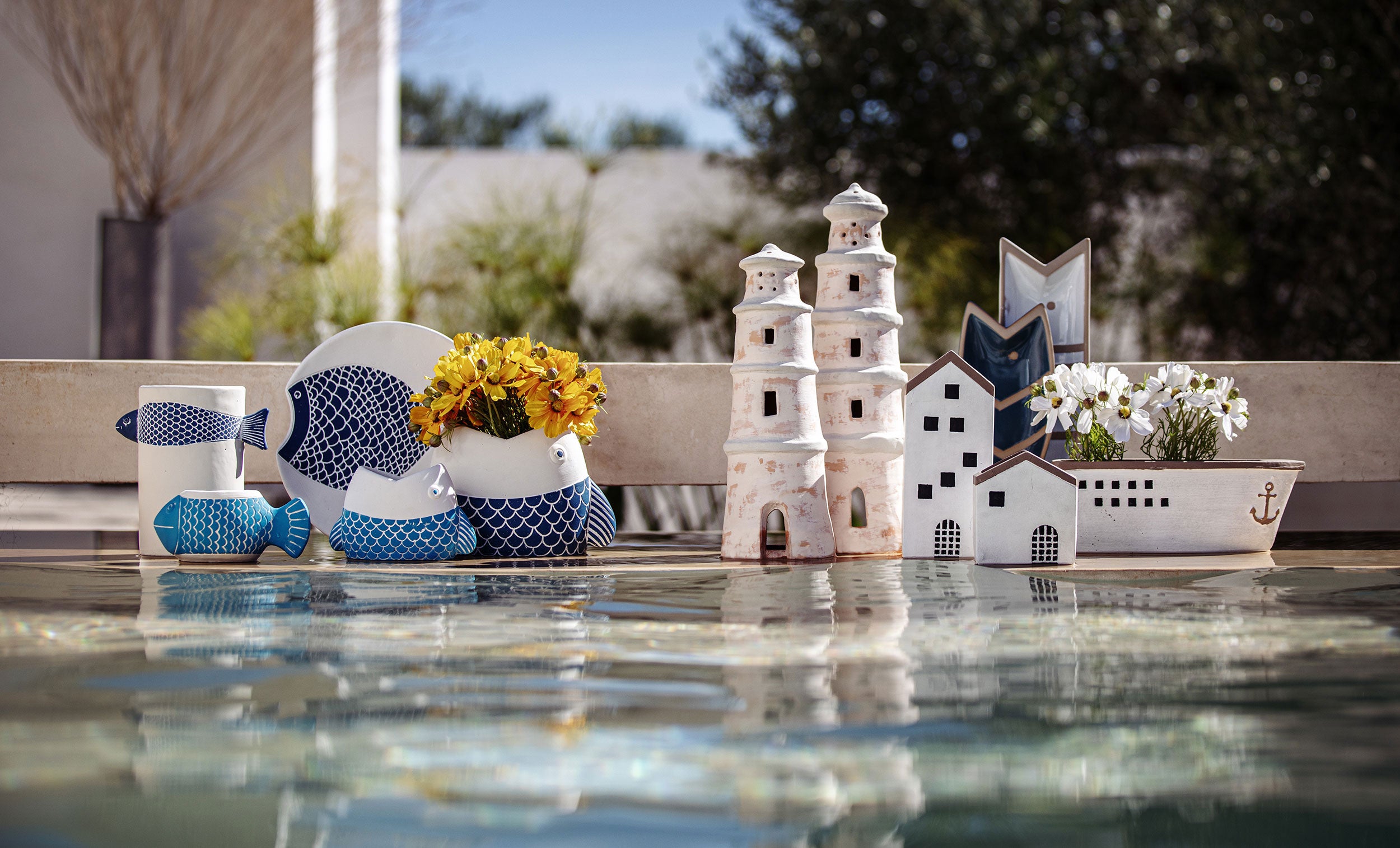 Set da 4, Oggetto Deco Azzurro S, Marechiaro - Resina cementizia, 22x21,5x2,5 cm