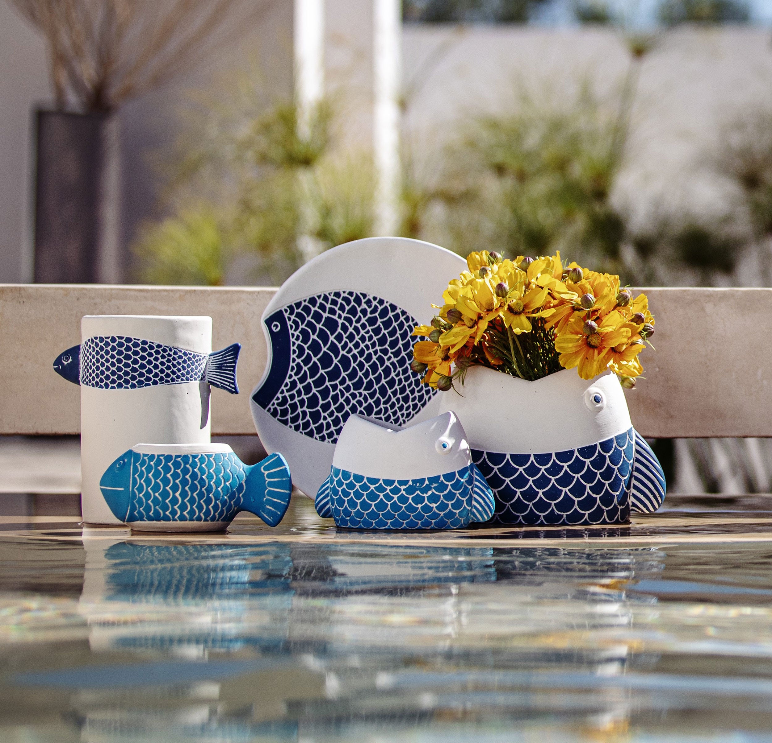 Cachepot Bocca Aperta Blu, Marechiaro - Resina cementizia, 24,5x12x16,5 cm