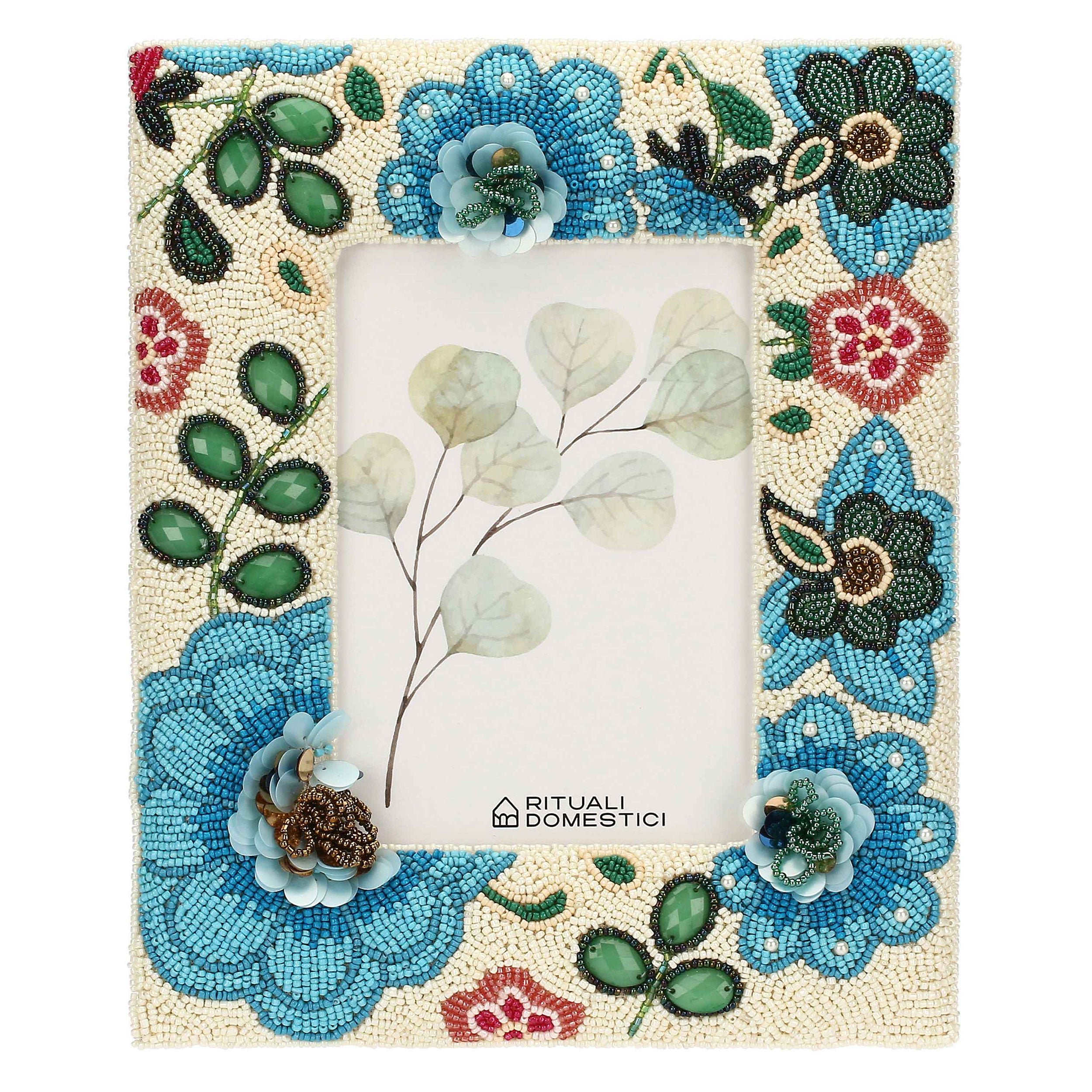 Portafoto Bali, Mille306perline - Perline Di Vetro/Tessuto Di Cotone/Mdf/Vetro/ Metallo (Ferro), 20x2x25 cm