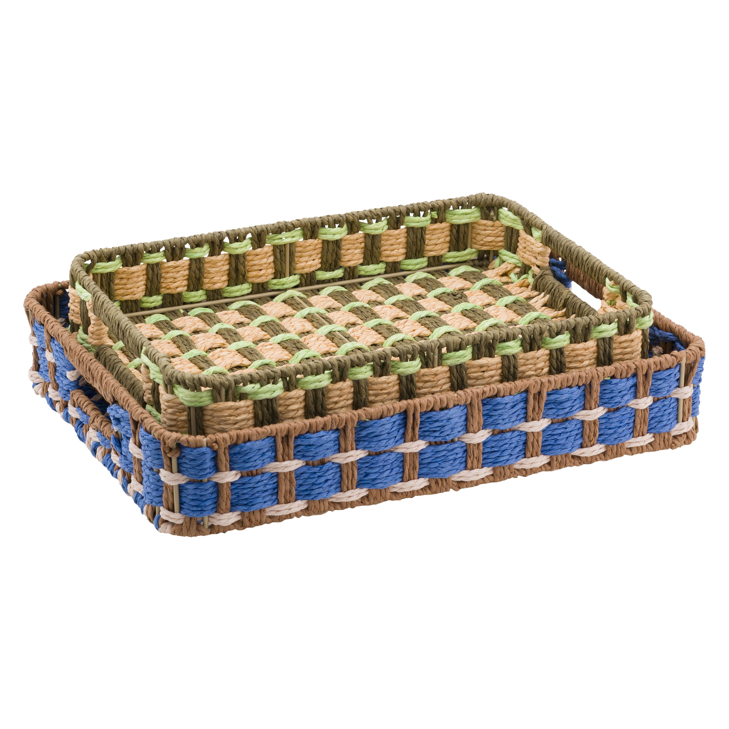 Set da 2, Vassoio Blu Verde, Incarta - Carta, ferro, M:38x29xH7 cmS:33x23,5xH6 cm