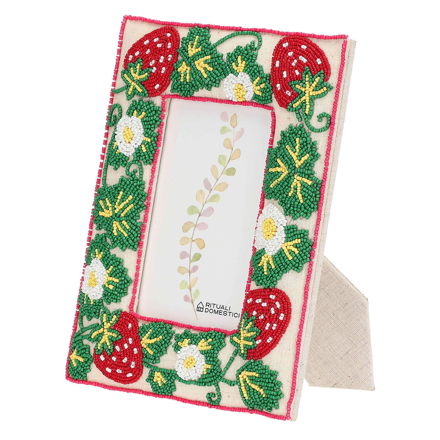Portafoto Fragole, Mille306perline - Resina / Perline di vetro / Cotone, 17,5 x 2 x 22,5h cm