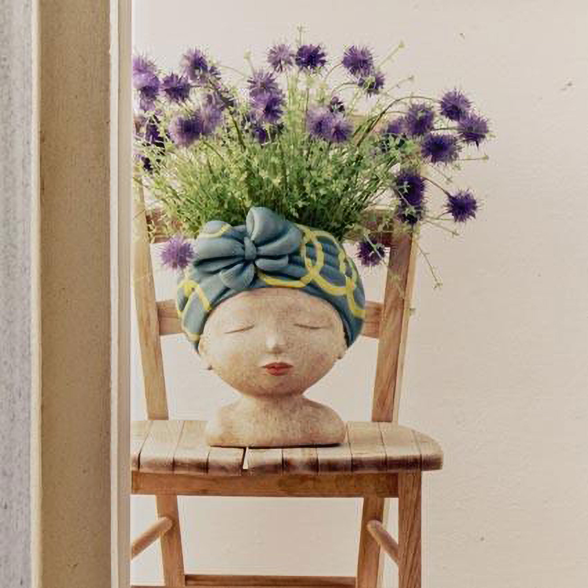 Closed Eyes Green Turban Cachepot, Medea - Resin, 20x19x34h cm