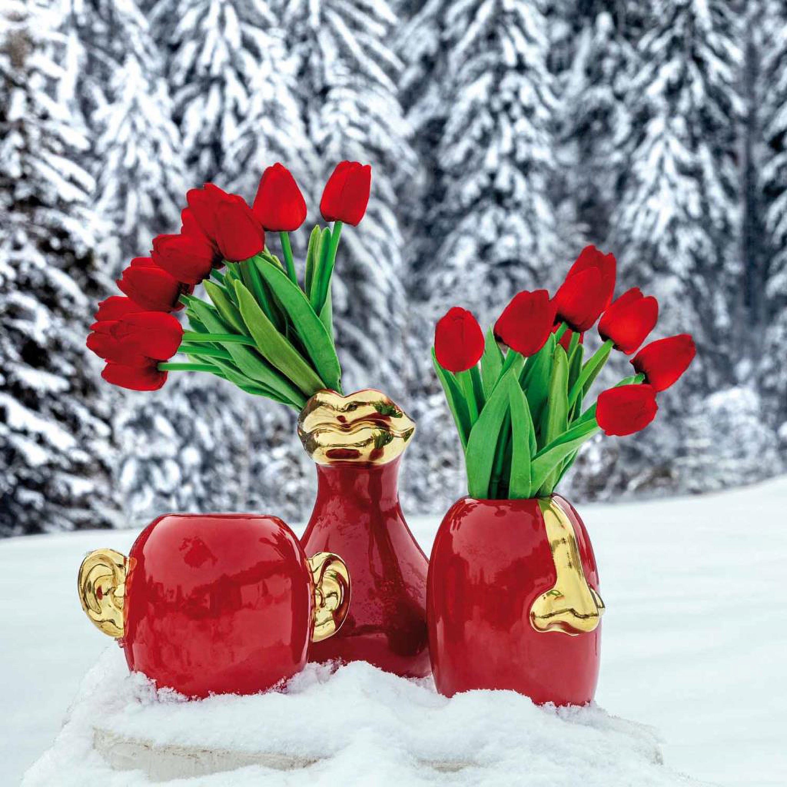 Vaso Orecchie Rosso E Oro, Pensami - Gres, Ø 10x15,5h cm