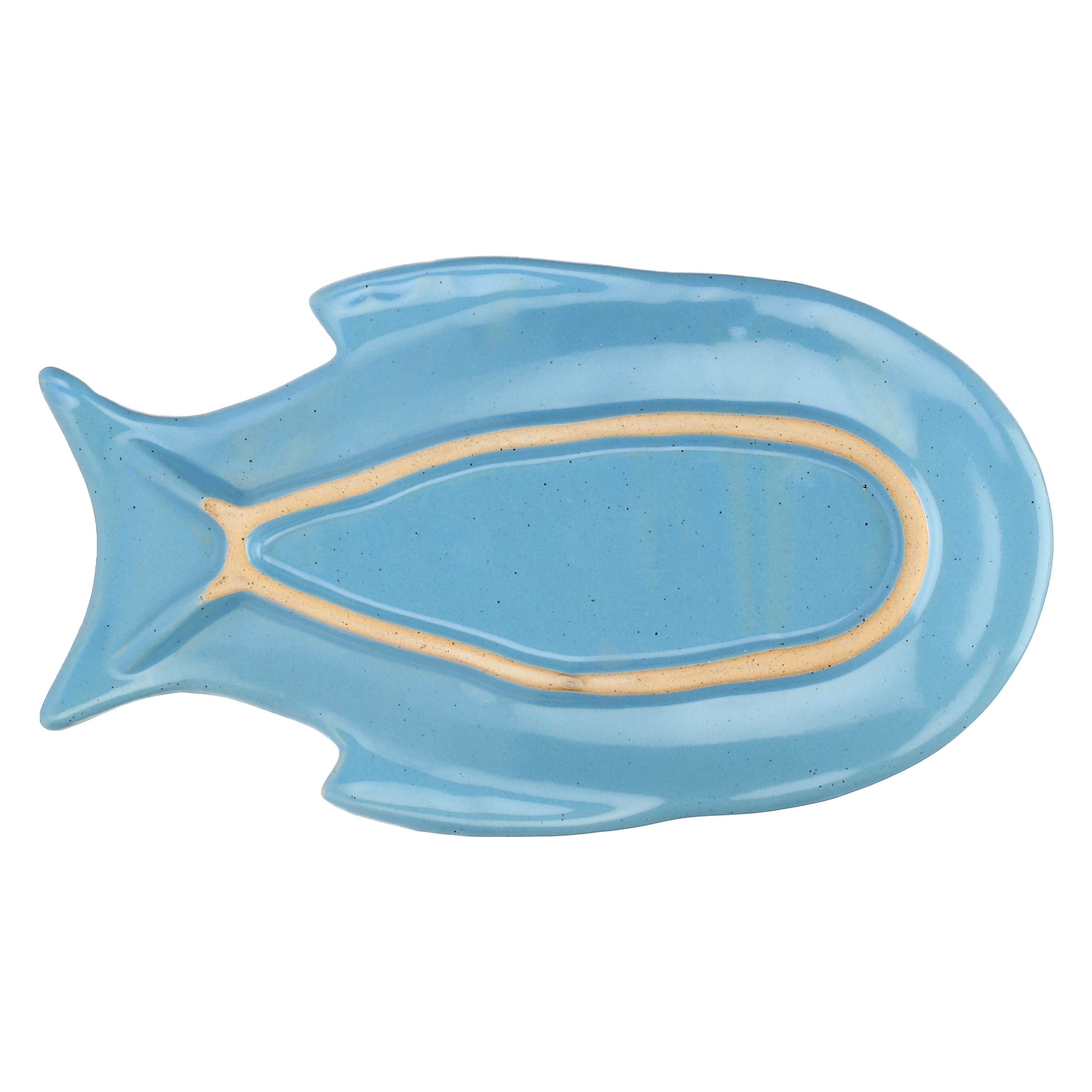 Set da 4, Piatto Pesce Lungo Azzurro, Logicopelagico - Gres, 15,5x7x14h cm