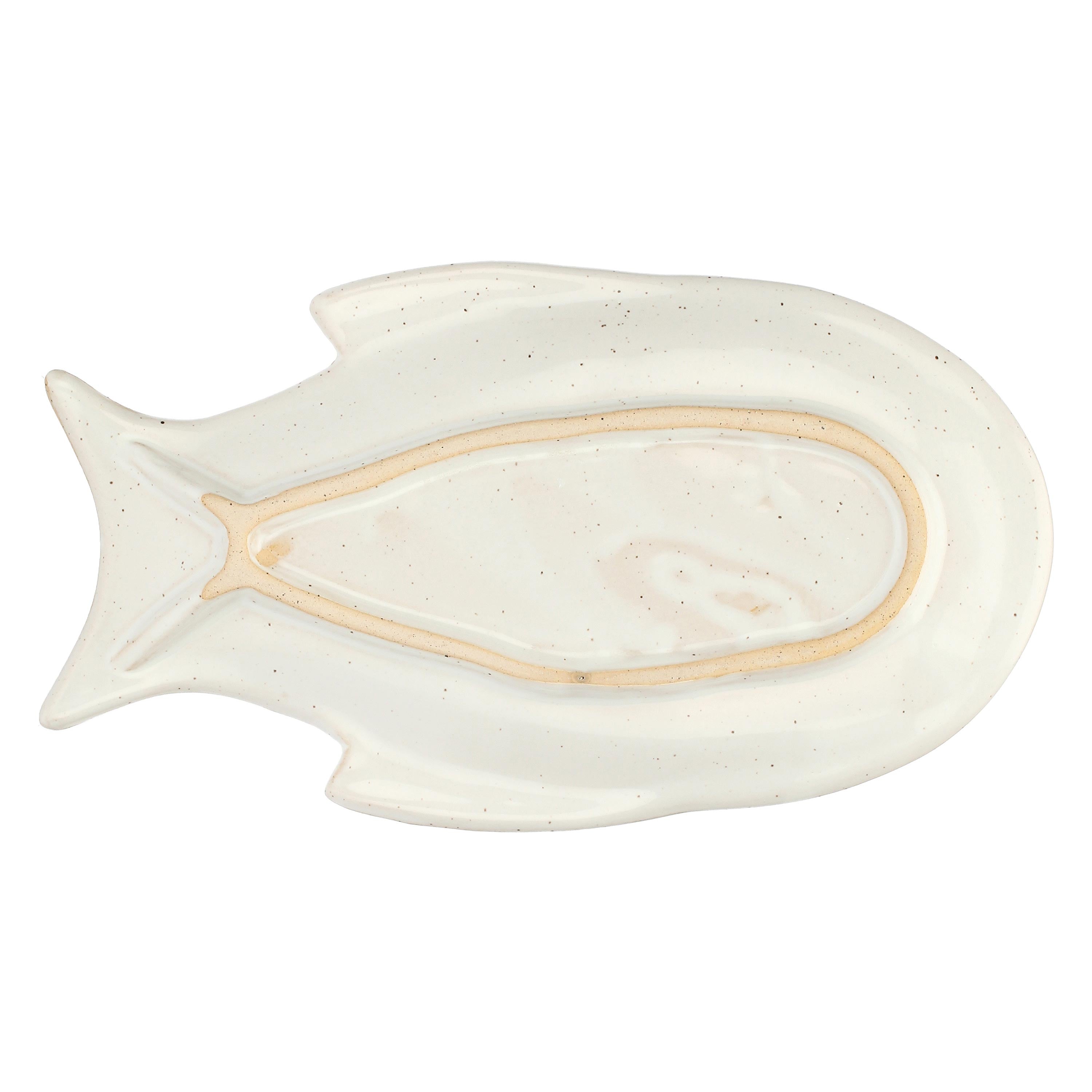 Set da 4, Piatto Pesce Lungo Bianco, Logicopelagico - Gres, 15,5x7x14h cm