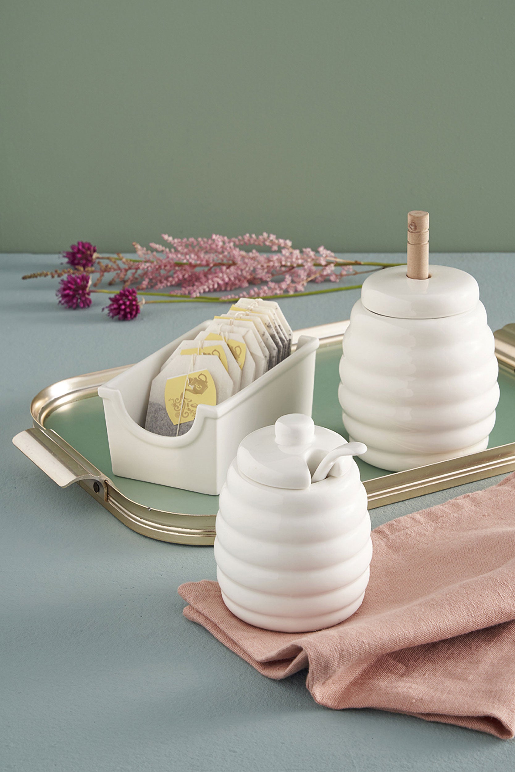 Vasetto Miele Con Servimiele, Menage - Porcellana, 290 cc; Ø 8,5; h11 cm