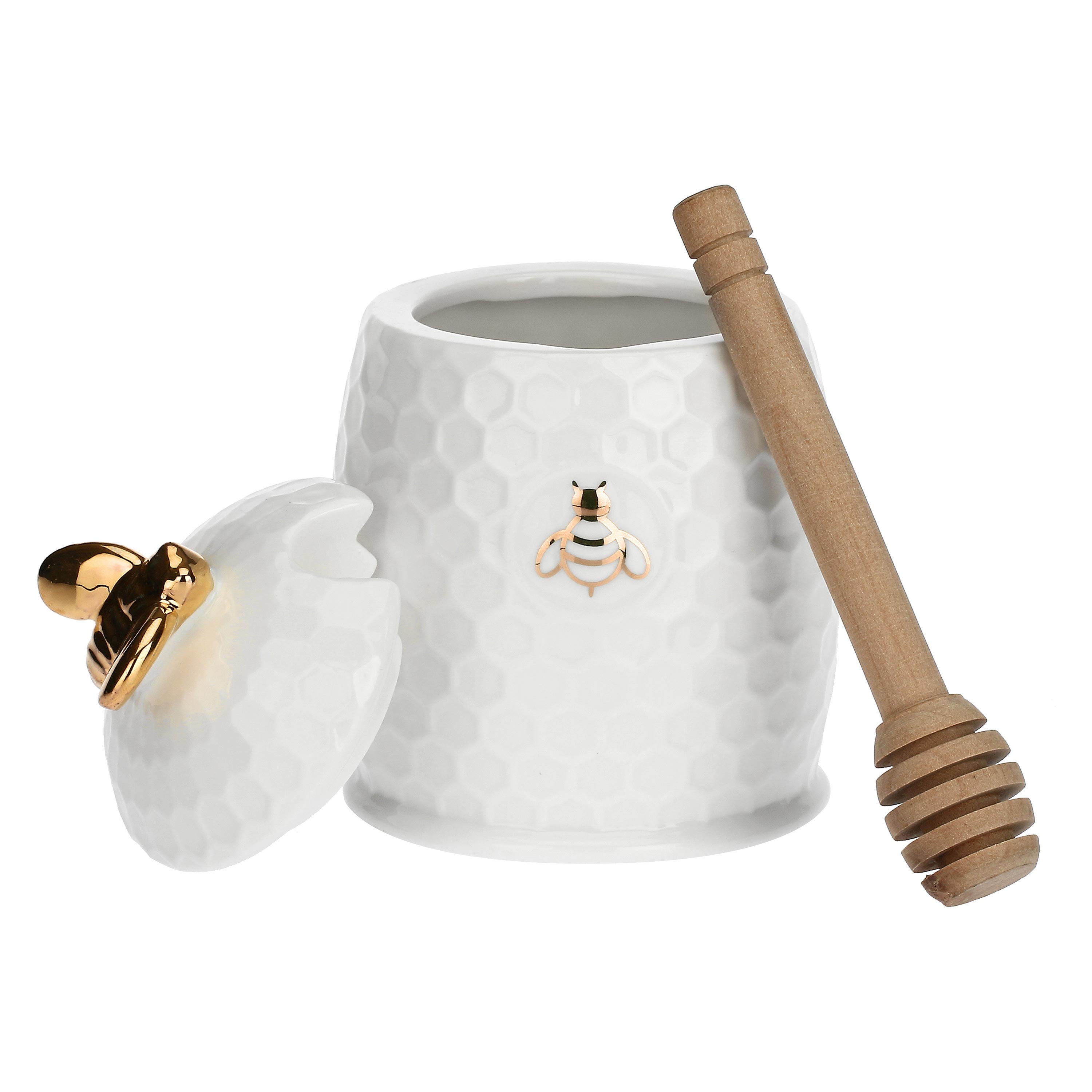 Oro Vasetto Miele C/Servimiele, Aperegina - Porcellana, 10x6,5 cm