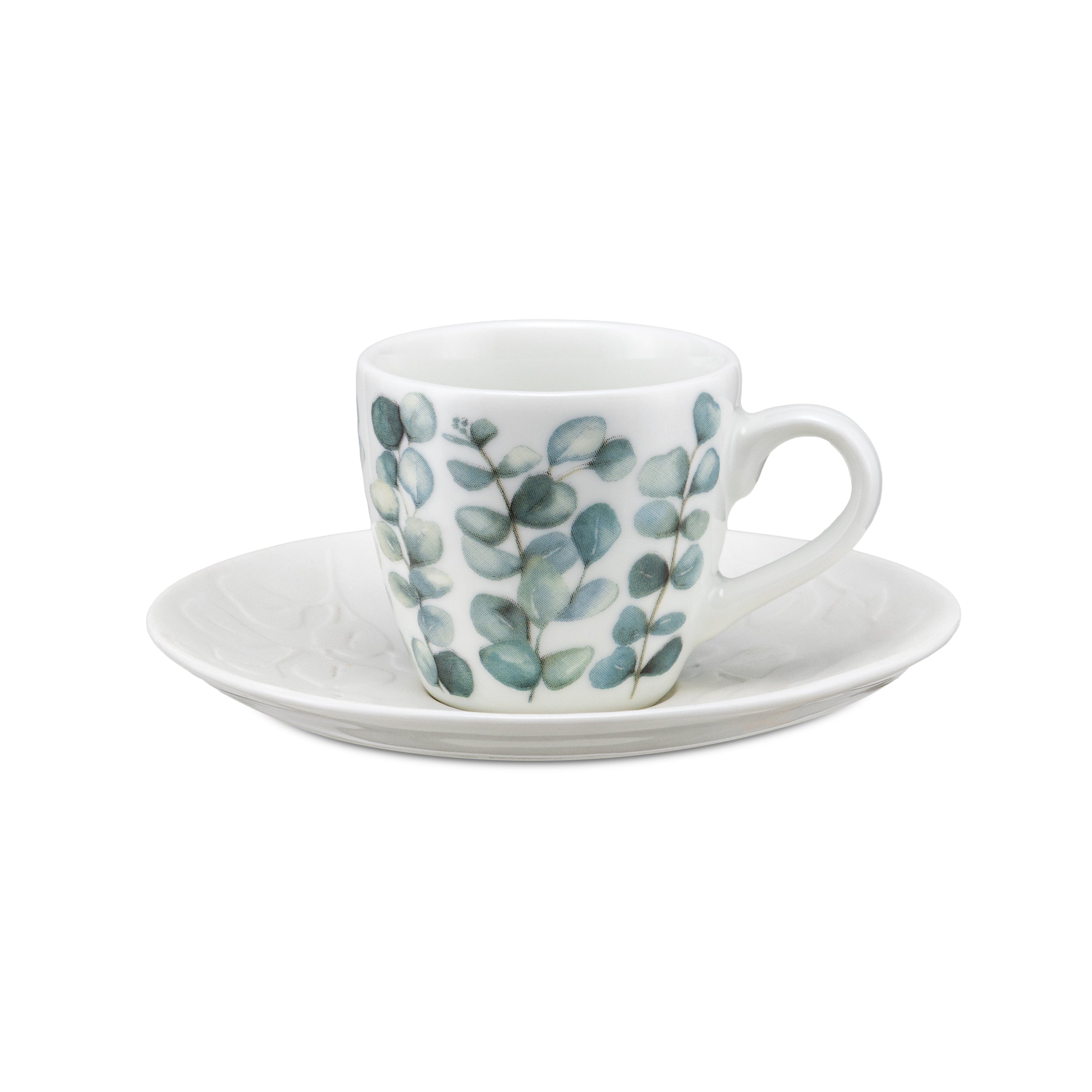 Set da 6, Tazza Caffe con piattino rilievo, Sempreverde - Porcellana, 90 ml