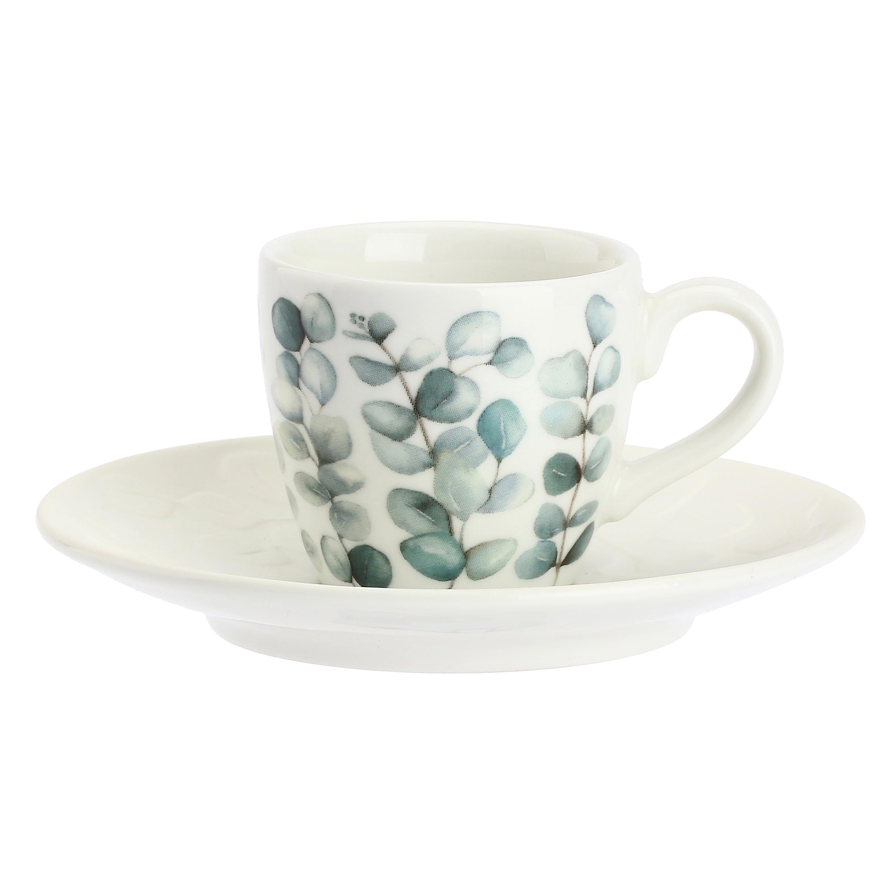 Set da 6, Tazza Caffe con piattino rilievo, Sempreverde - Porcellana, 90 ml