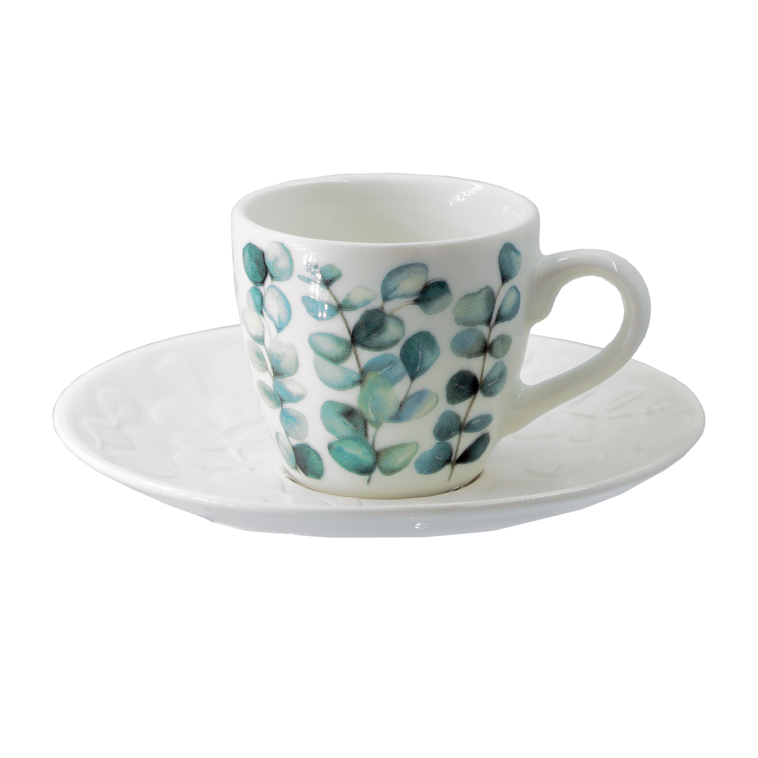 Set da 6, Tazza Caffe con piattino rilievo, Sempreverde - Porcellana, 90 ml