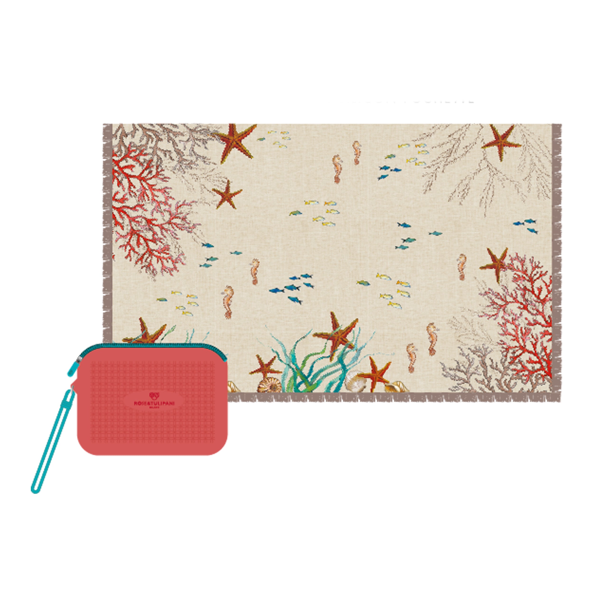 Set da 4 - Sealife Pareo + Pochette - Tessuto, Pareo 180 x 110 cm, Pochette 25 x 18 x 0,5 cm