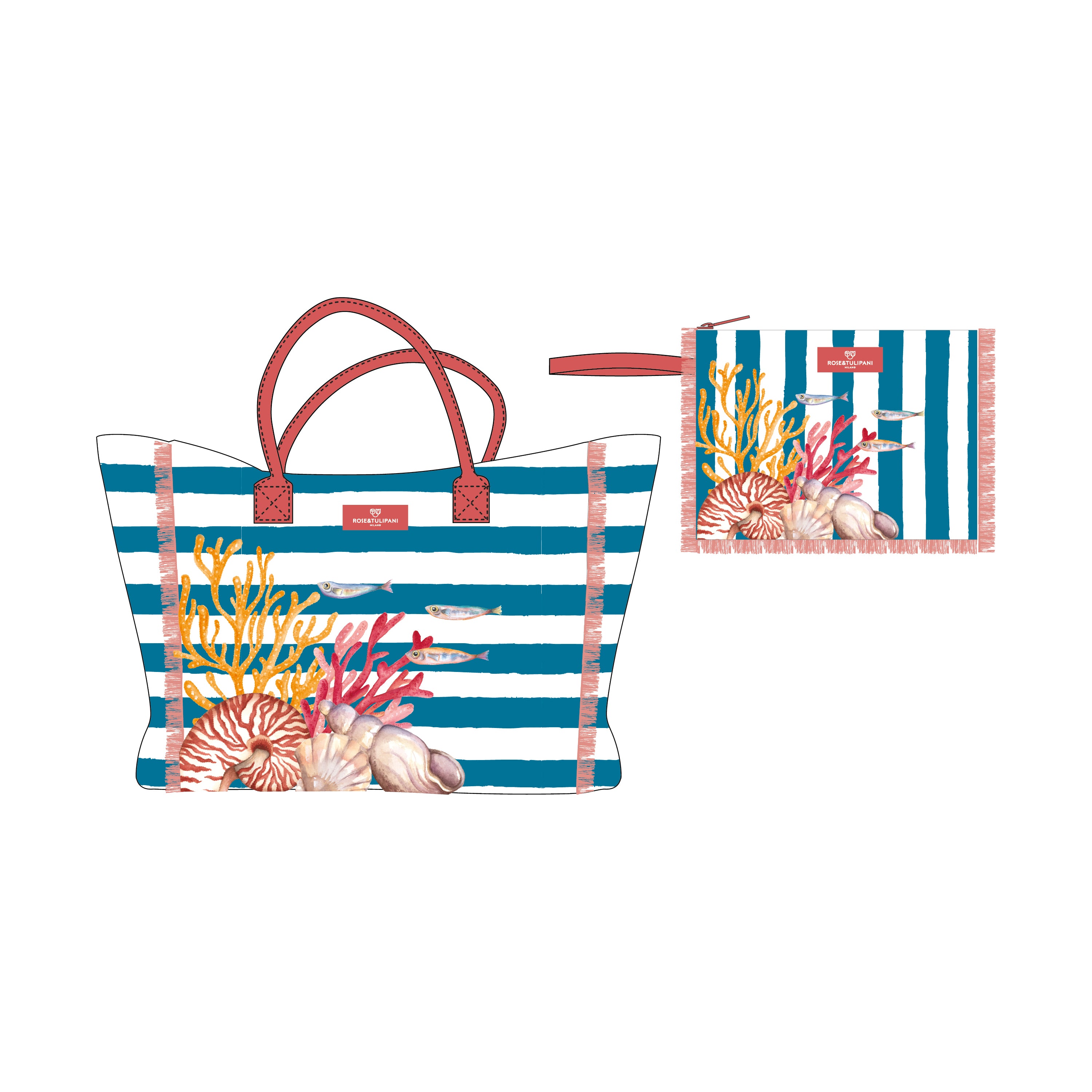 Set da 4 - Litorale Borsa + Pochette - Tessuto, Borsa 42 x 37 x 14 cm, Pochette 20 x 28 cm