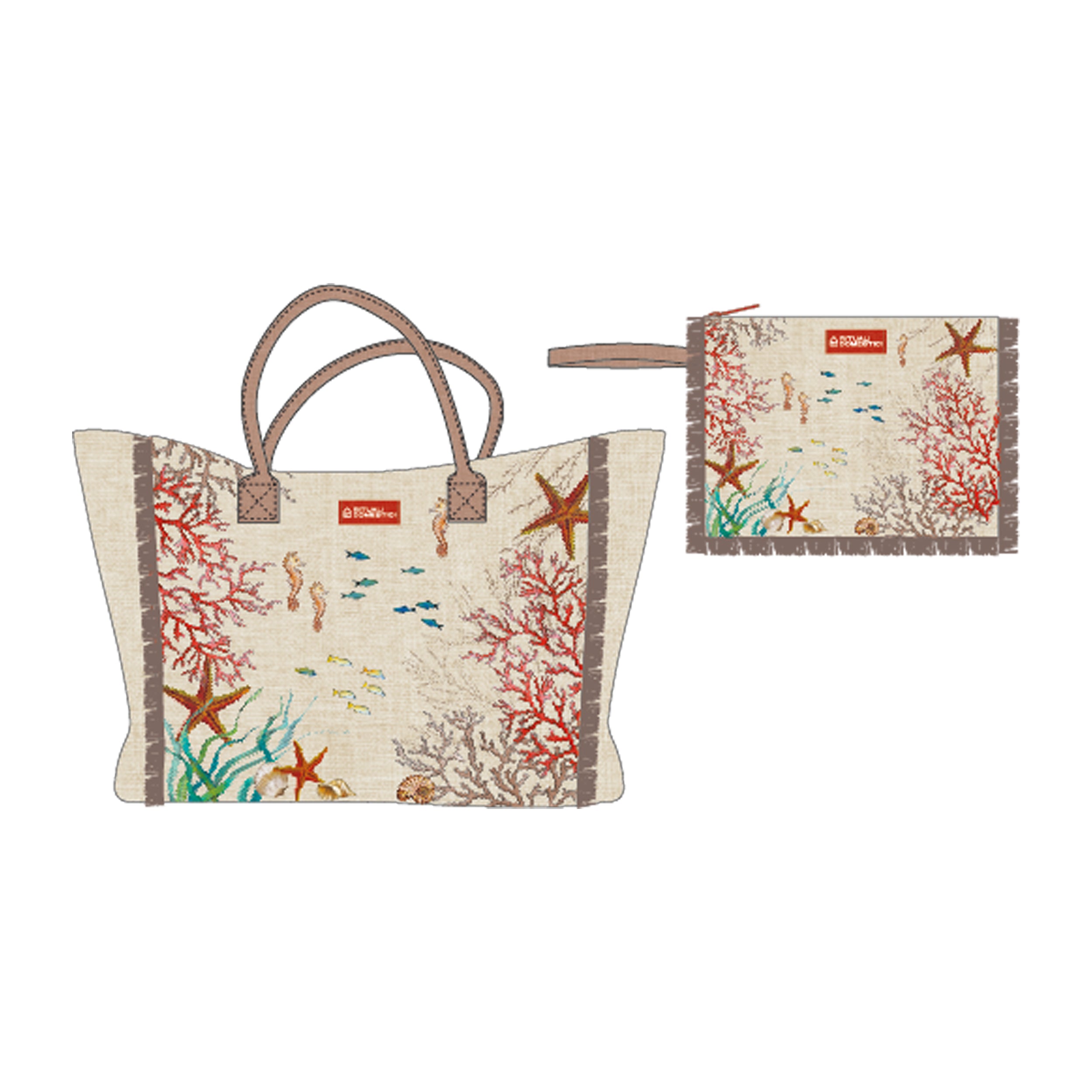Set da 4 - Sealife Borsa + Pochette - Tessuto, Borsa 42 x 37 x 14 cm, Pochette 20 x 28 cm