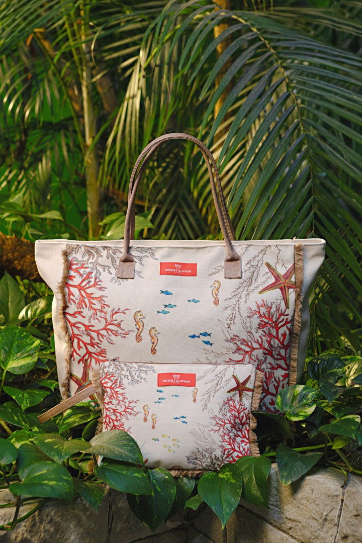 Set da 4 - Sealife Borsa + Pochette - Tessuto, Borsa 42 x 37 x 14 cm, Pochette 20 x 28 cm