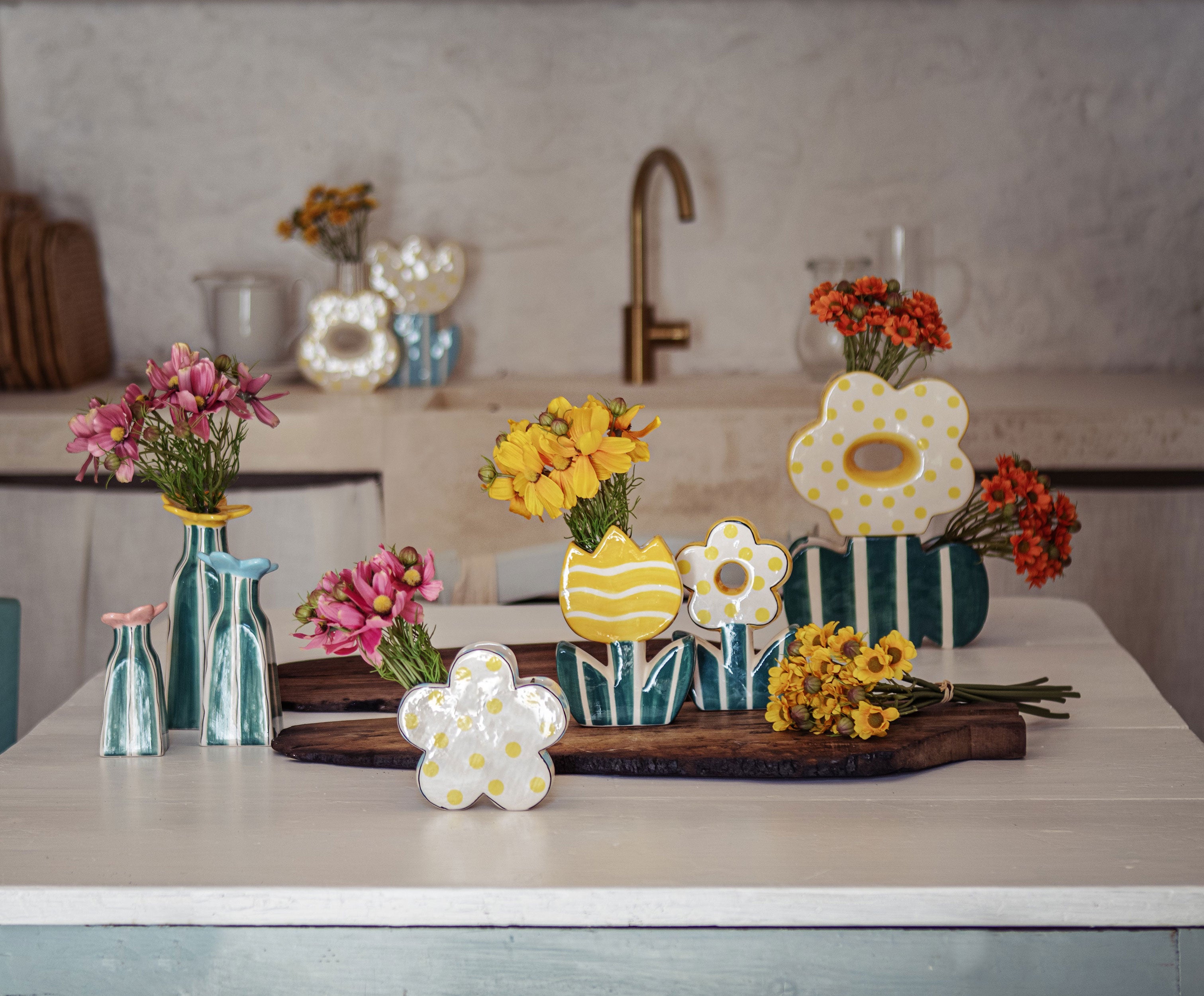 Set da 3, Doppio Vaso Margherita, Verdecampo - Dolomite, 19x7x26,3 cm