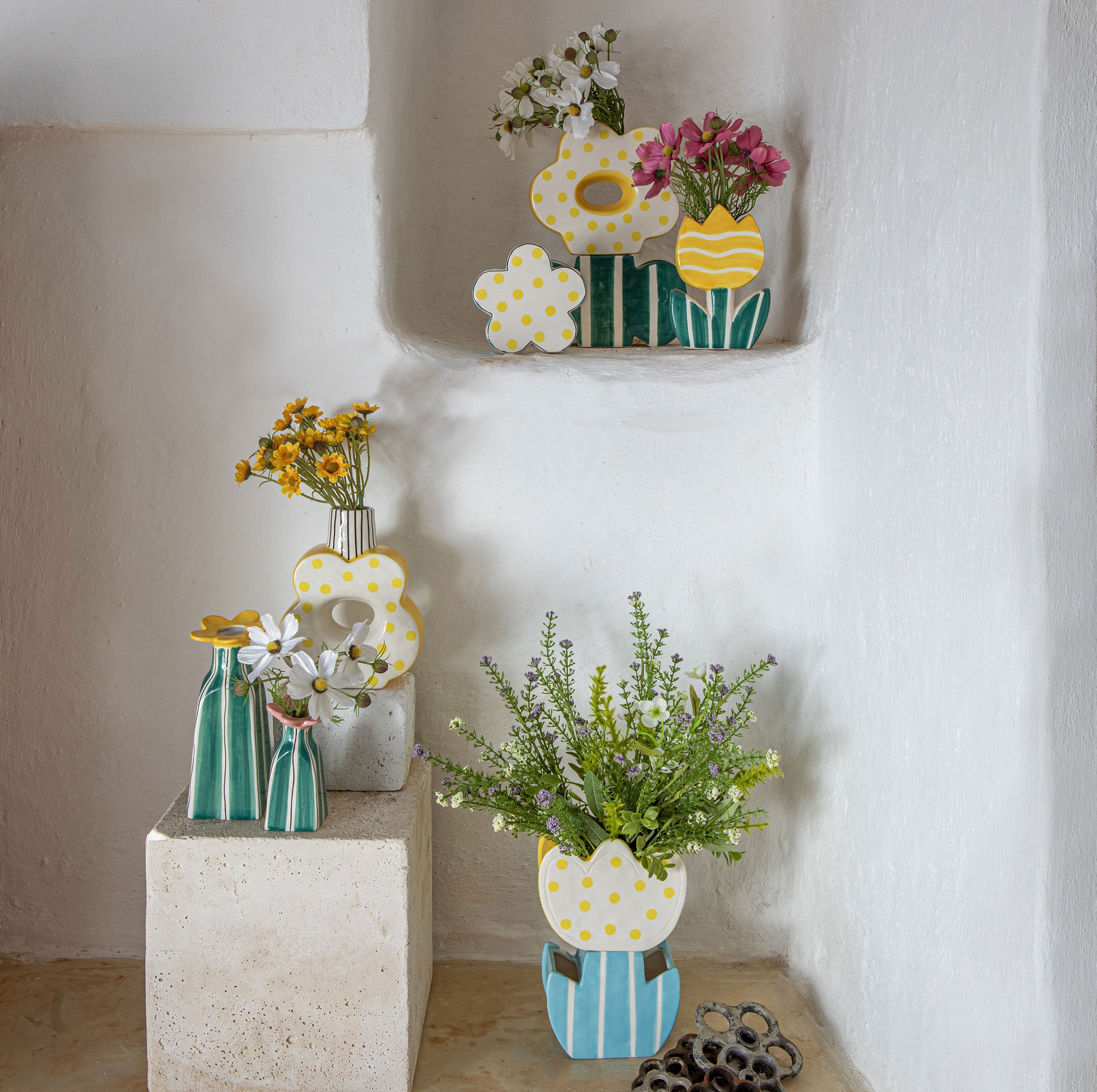 Set da 3, Doppio Vaso Margherita, Verdecampo - Dolomite, 19x7x26,3 cm