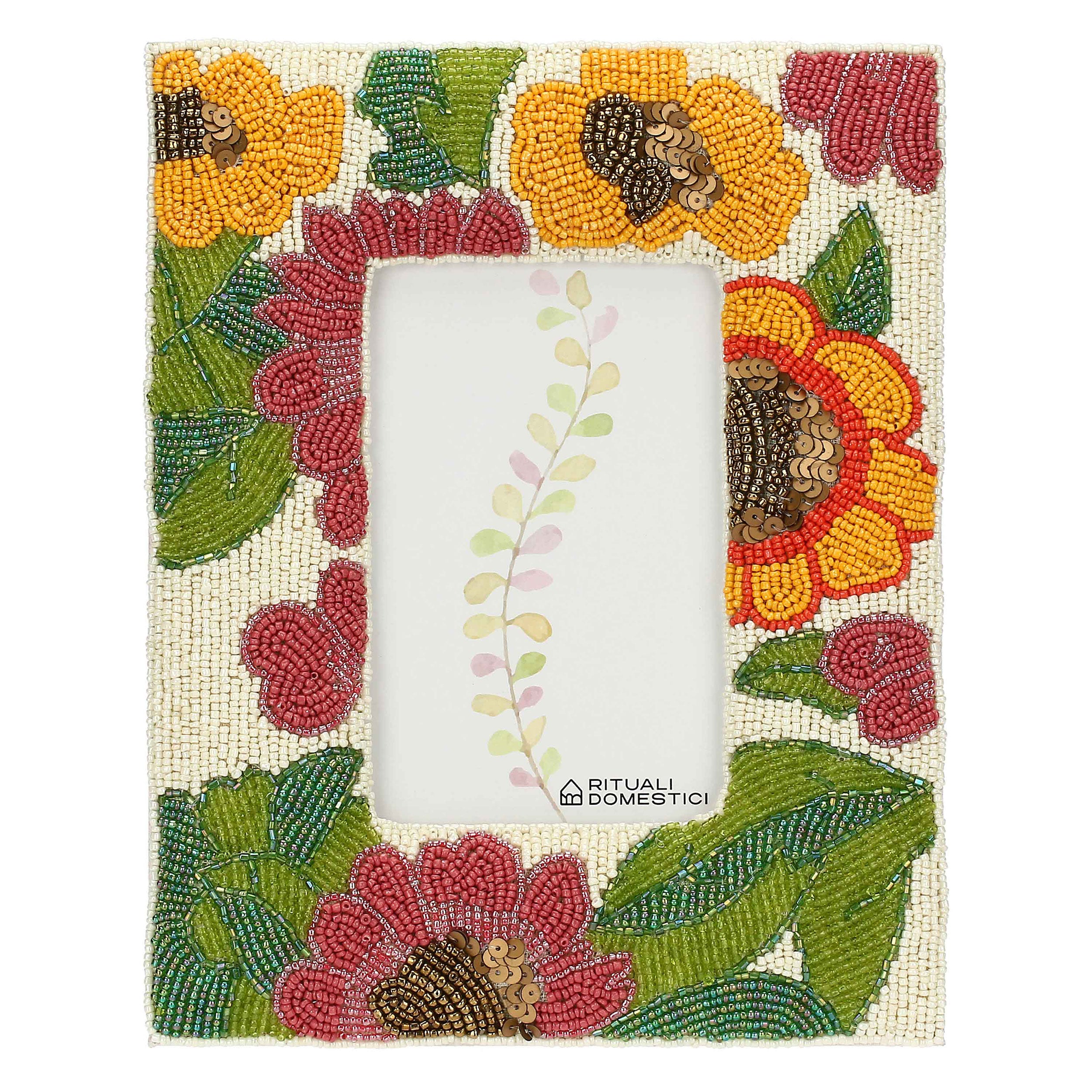 Portafoto Manila, Mille306perline - Perline Di Vetro/Tessuto Di Cotone/Mdf/Vetro/ Metallo (Ferro), 17,5x2x22,5 cm