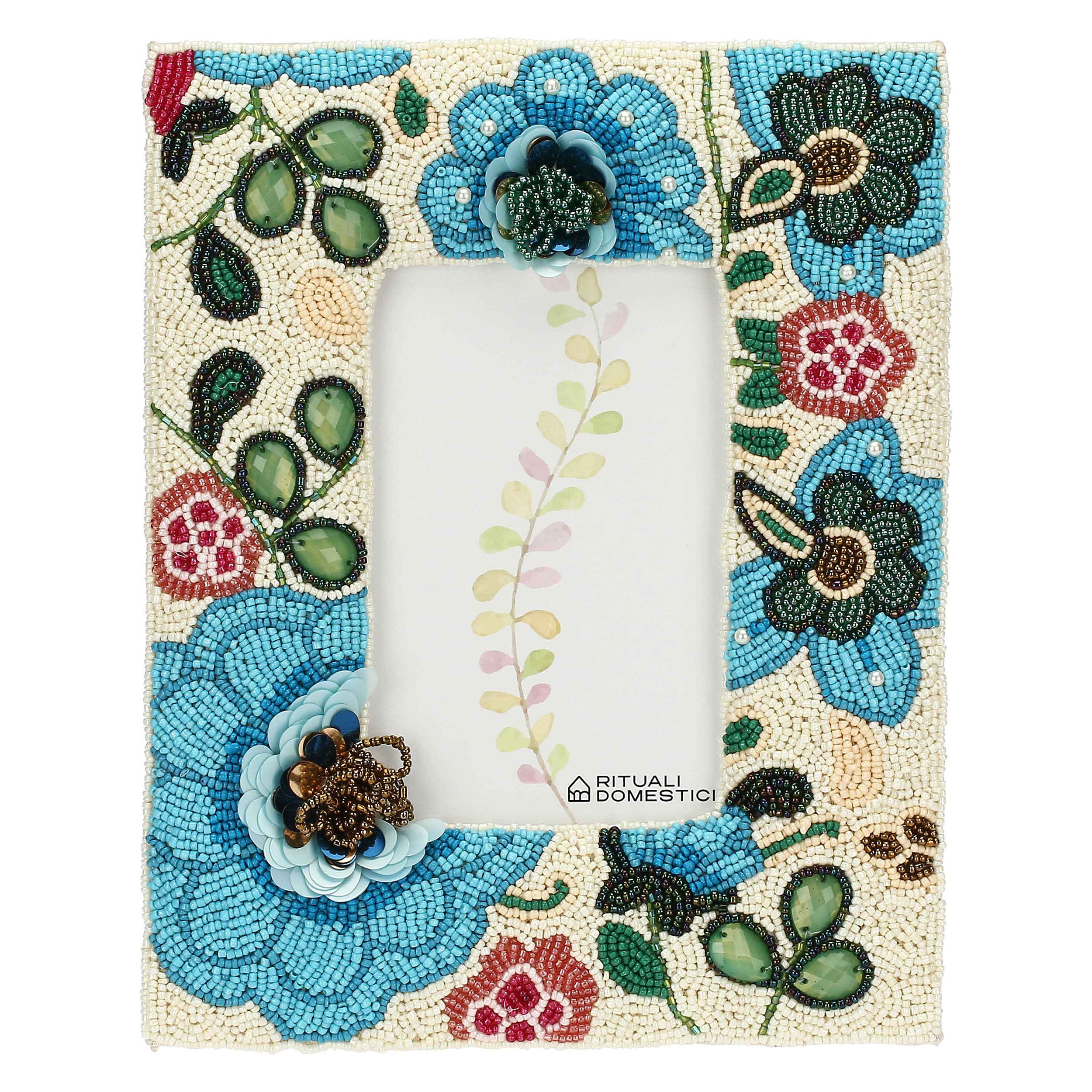 Portafoto Bali, Mille306perline - Perline Di Vetro/Tessuto Di Cotone/Mdf/Vetro/ Metallo (Ferro), 17,5x2x22,5 cm