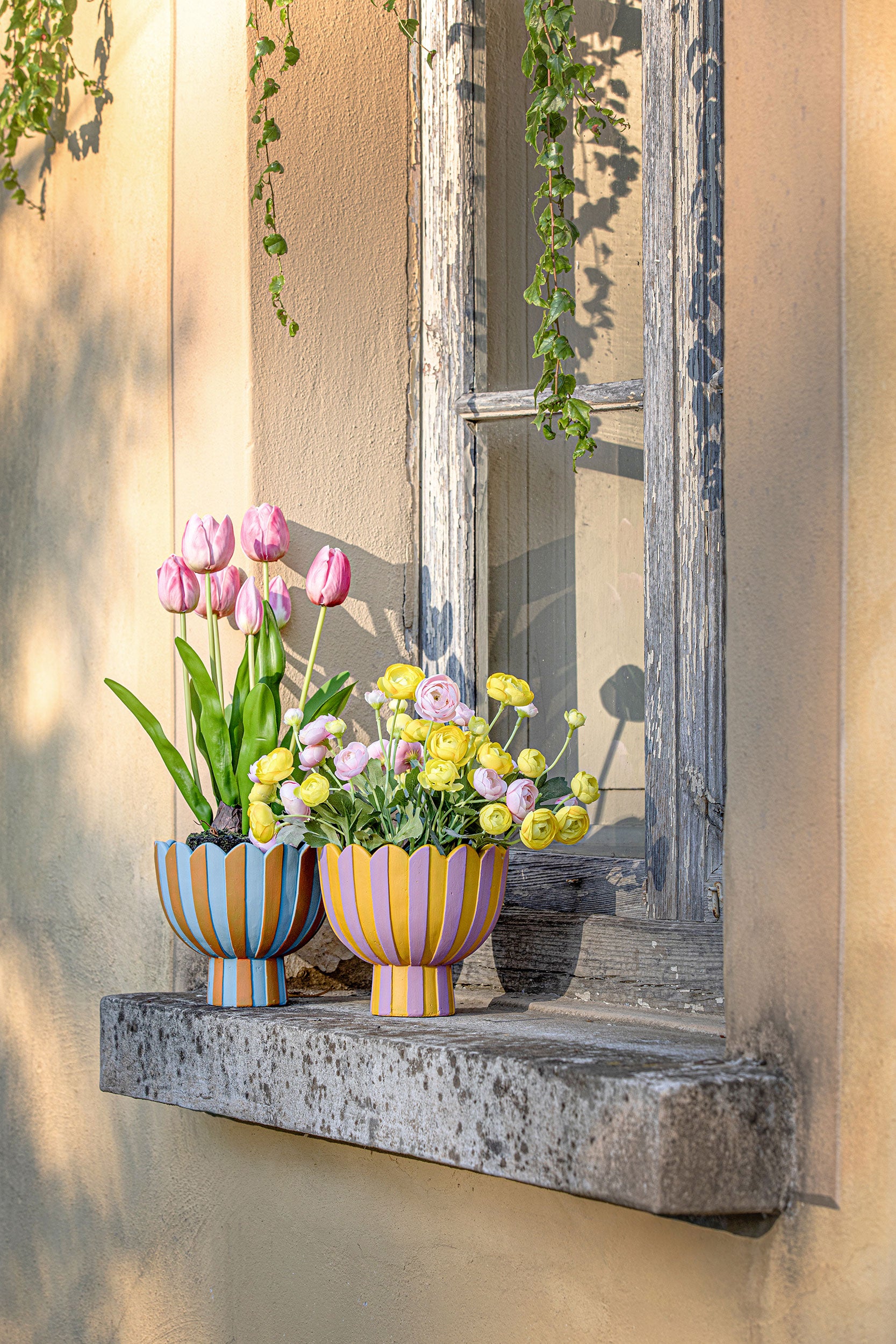 Set da 2 - Moira Cachepot Piede L Azzurro - Cemento,22x22x2 cm